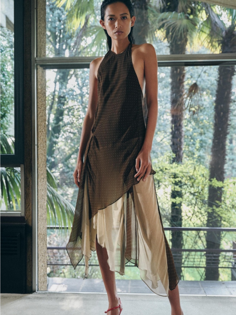 Zara Brown & Cream Asymmetric Halter Dress